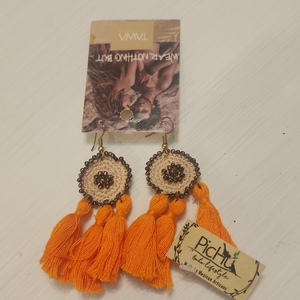 Orange Tassel Earrings Hand Crotched And Beaded Dangles. Gold Accents